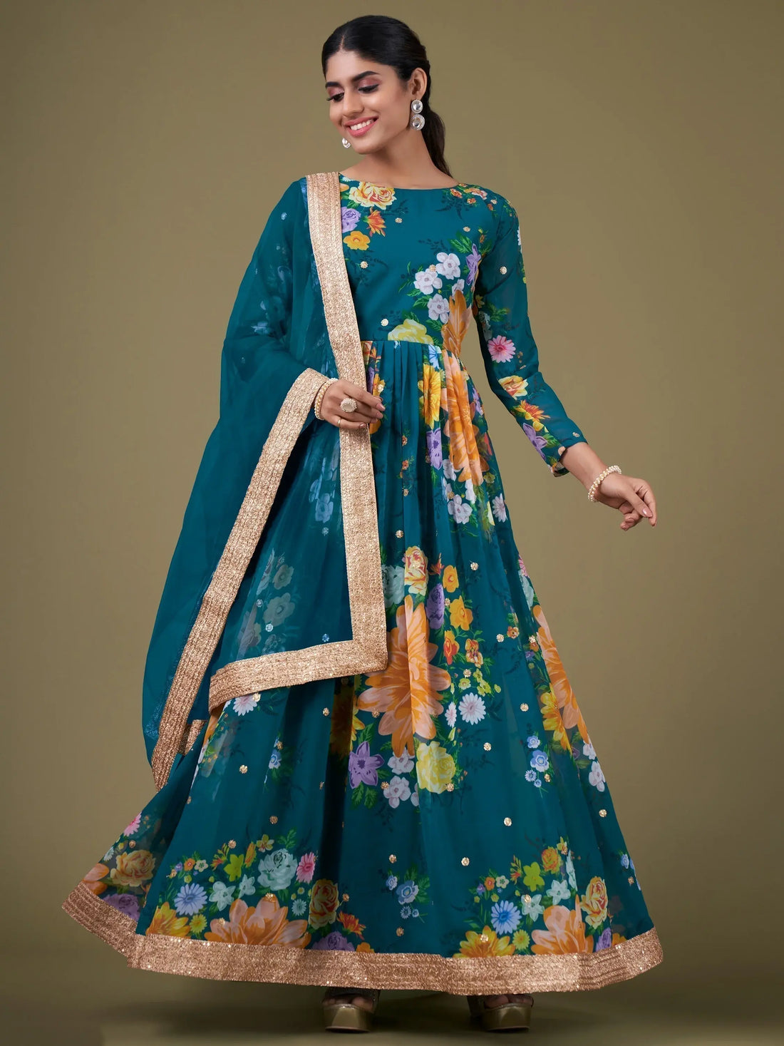 Charming Teal Blue Floral Printed Georgette Gown With Dupatta - Zeel Clothing