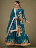 Charming Teal Blue Floral Printed Georgette Gown With Dupatta - Zeel Clothing