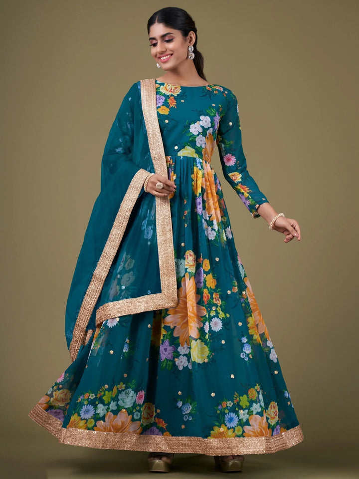 Charming Teal Blue Floral Printed Georgette Gown With Dupatta - Zeel Clothing