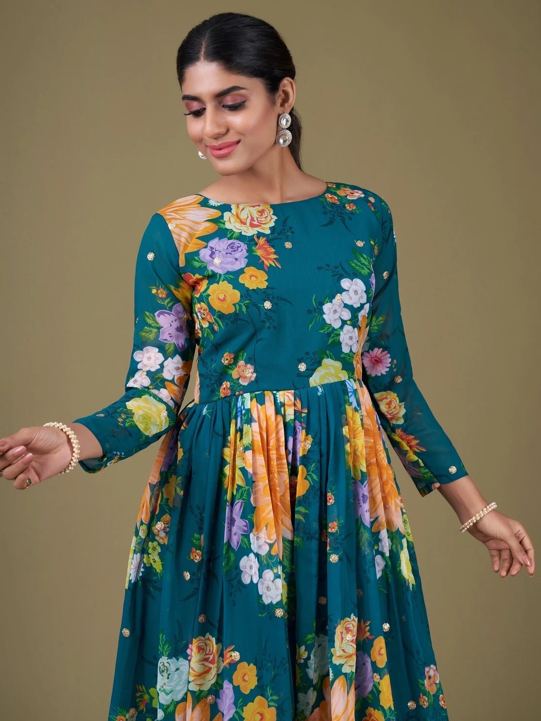 Charming Teal Blue Floral Printed Georgette Gown With Dupatta
