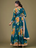 Charming Teal Blue Floral Printed Georgette Gown With Dupatta - Zeel Clothing