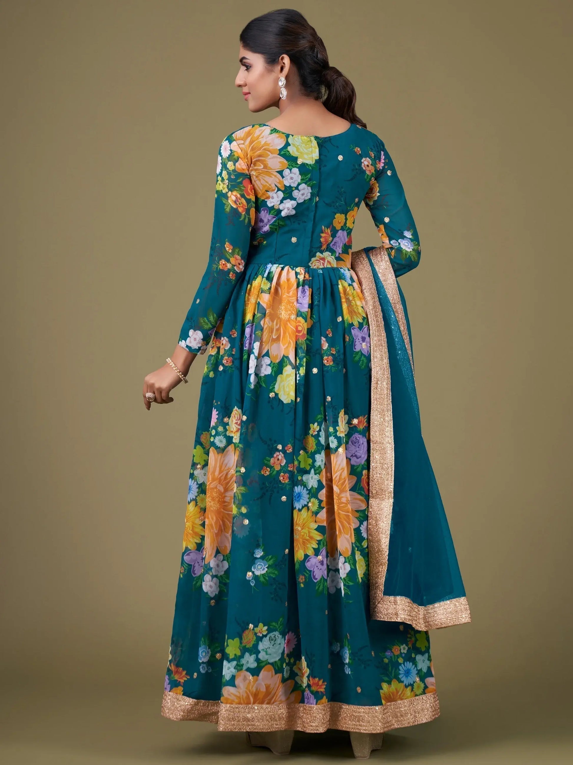 Charming Teal Blue Floral Printed Georgette Gown With Dupatta - Zeel Clothing