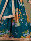 Charming Teal Blue Floral Printed Georgette Gown With Dupatta - Zeel Clothing