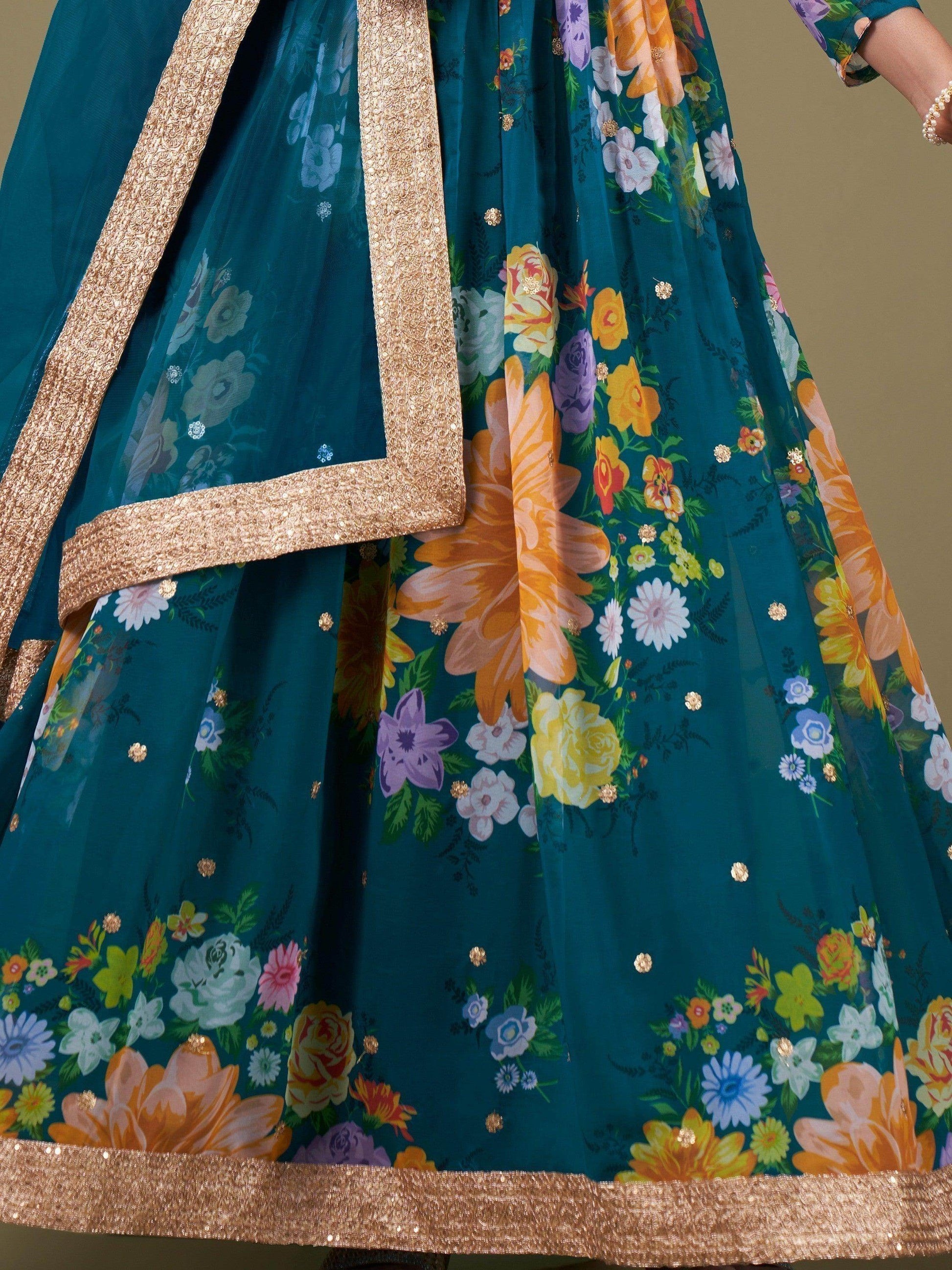 Charming Teal Blue Floral Printed Georgette Gown With Dupatta - Zeel Clothing