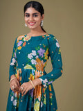 Charming Teal Blue Floral Printed Georgette Gown With Dupatta - Zeel Clothing