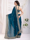 Charming Teal Blue Heavy Zari Border Work Chinon Silk Event Wear Saree - Zeel Clothing