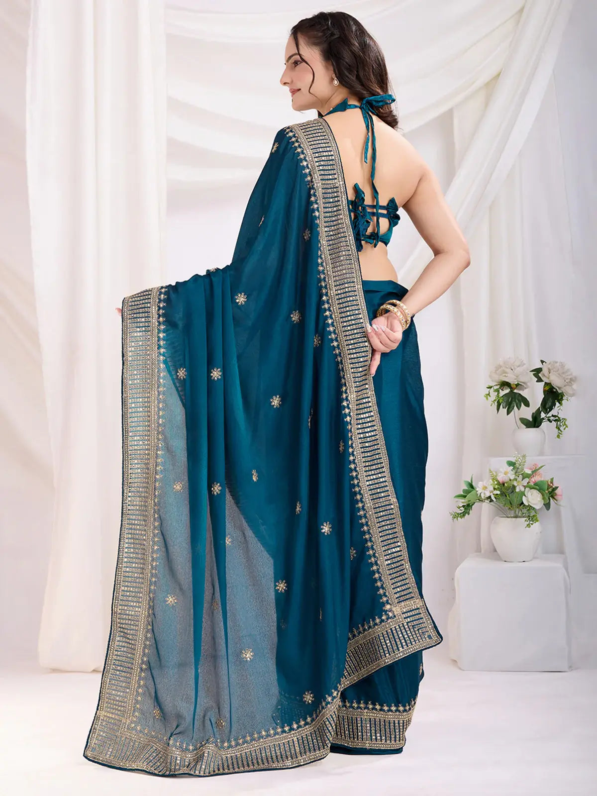 Charming Teal Blue Heavy Zari Border Work Chinon Silk Event Wear Saree - Zeel Clothing