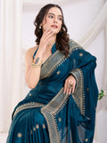 Charming Teal Blue Heavy Zari Border Work Chinon Silk Event Wear Saree - Zeel Clothing