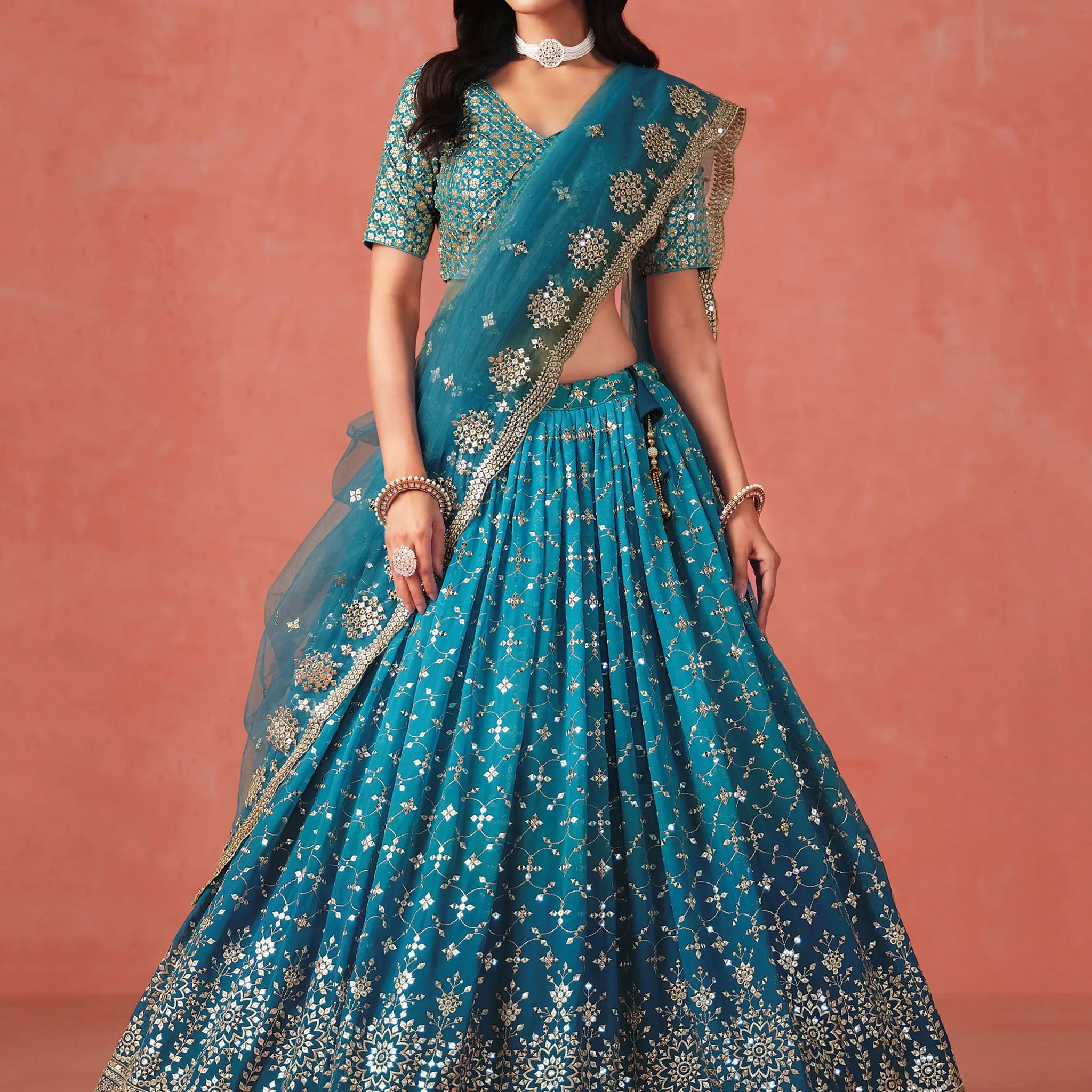 Charming Teal Blue Sequins Work Georgette Lehenga Choli - Zeel Clothing