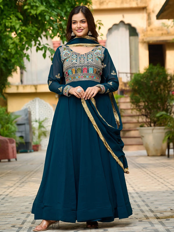 Charming Teal Blue Thread Embroidered Georgette Evening Wear Gown With Dupatta - Zeel Clothing
