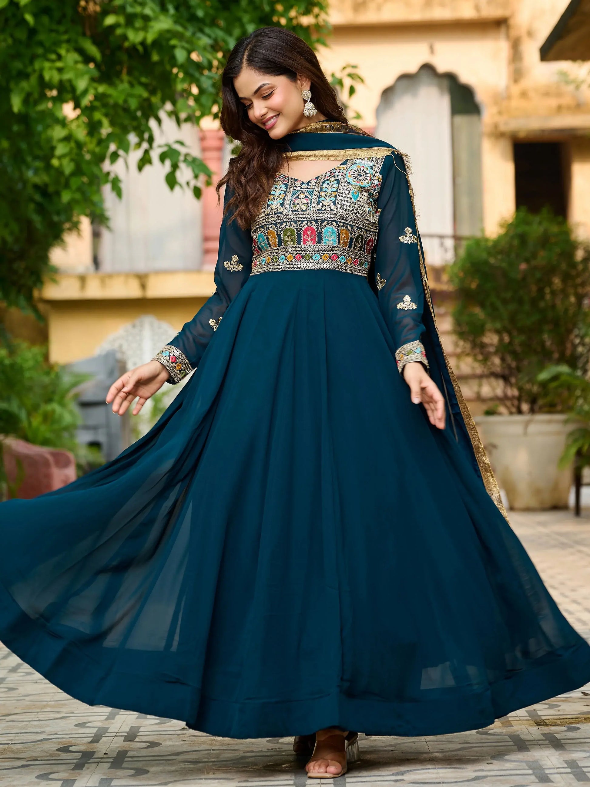 Charming Teal Blue Thread Embroidered Georgette Evening Wear Gown With Dupatta - Zeel Clothing