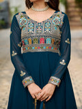 Charming Teal Blue Thread Embroidered Georgette Evening Wear Gown With Dupatta - Zeel Clothing