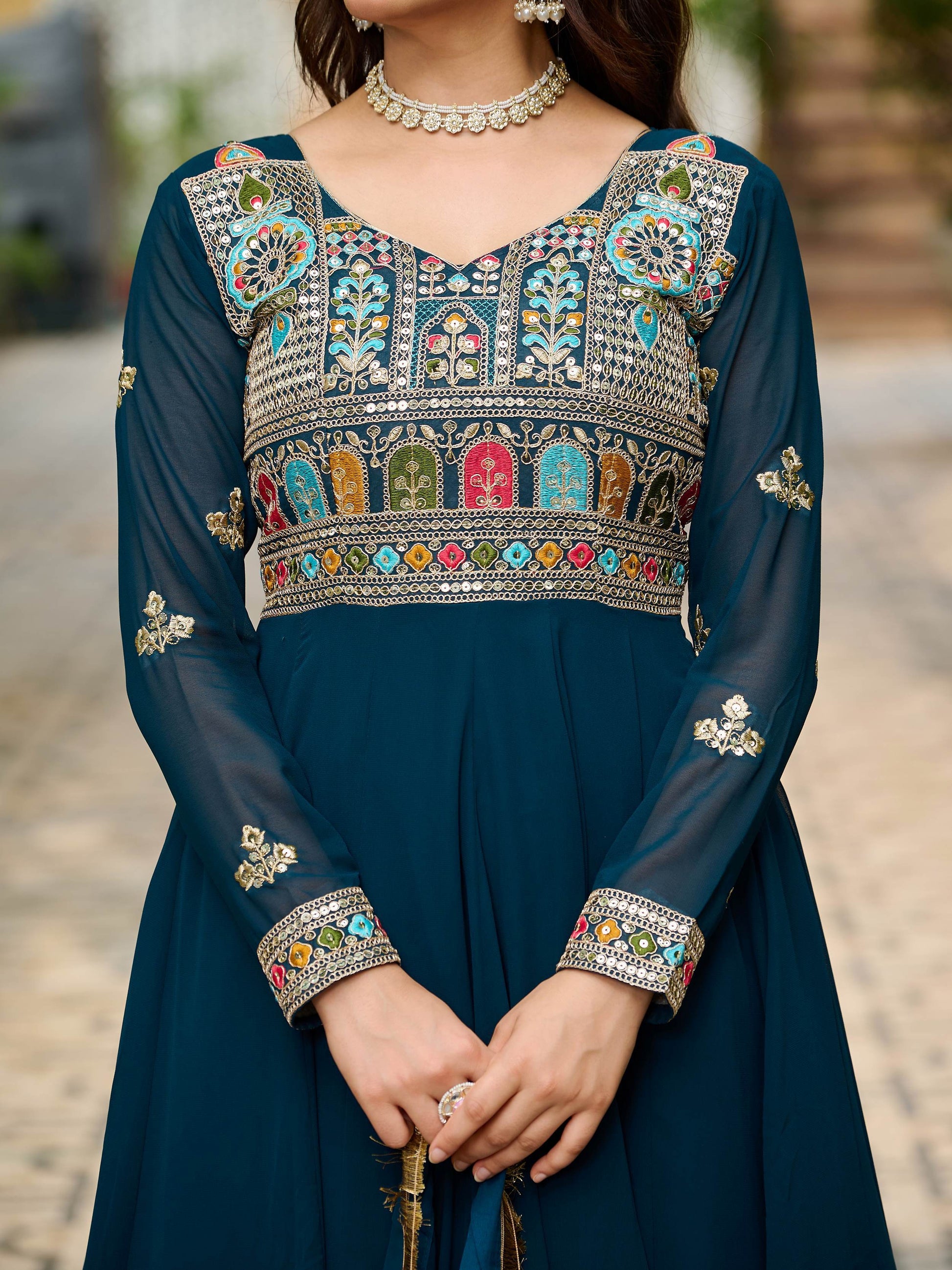 Charming Teal Blue Thread Embroidered Georgette Evening Wear Gown With Dupatta - Zeel Clothing