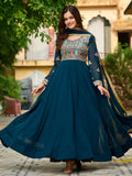 Charming Teal Blue Thread Embroidered Georgette Evening Wear Gown With Dupatta - Zeel Clothing