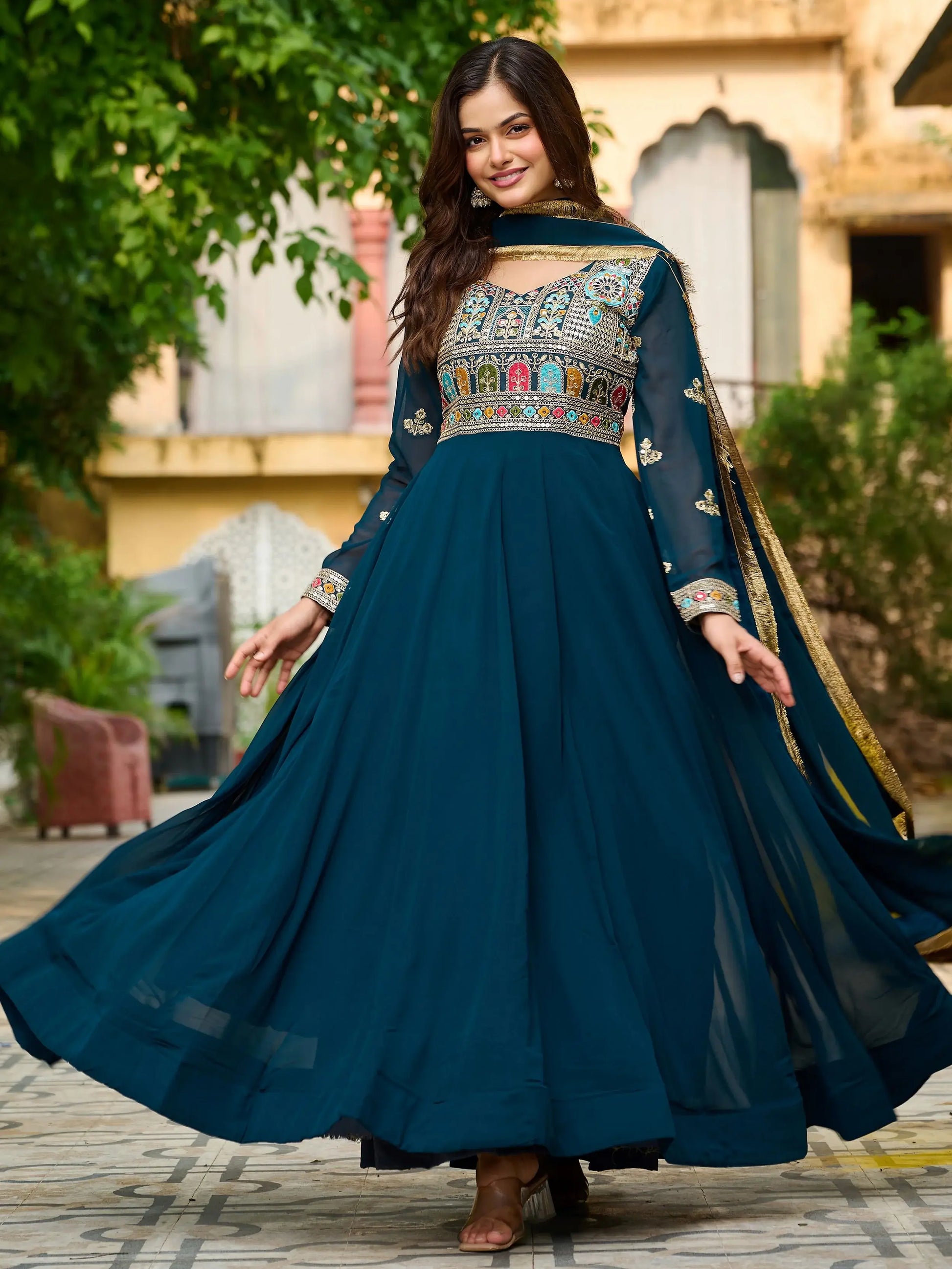 Charming Teal Blue Thread Embroidered Georgette Evening Wear Gown With Dupatta - Zeel Clothing