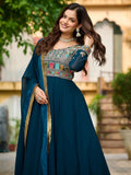 Charming Teal Blue Thread Embroidered Georgette Evening Wear Gown With Dupatta - Zeel Clothing