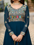 Charming Teal Blue Thread Embroidered Georgette Evening Wear Gown With Dupatta - Zeel Clothing