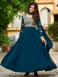 Charming Teal Blue Thread Embroidered Georgette Evening Wear Gown With Dupatta - Zeel Clothing