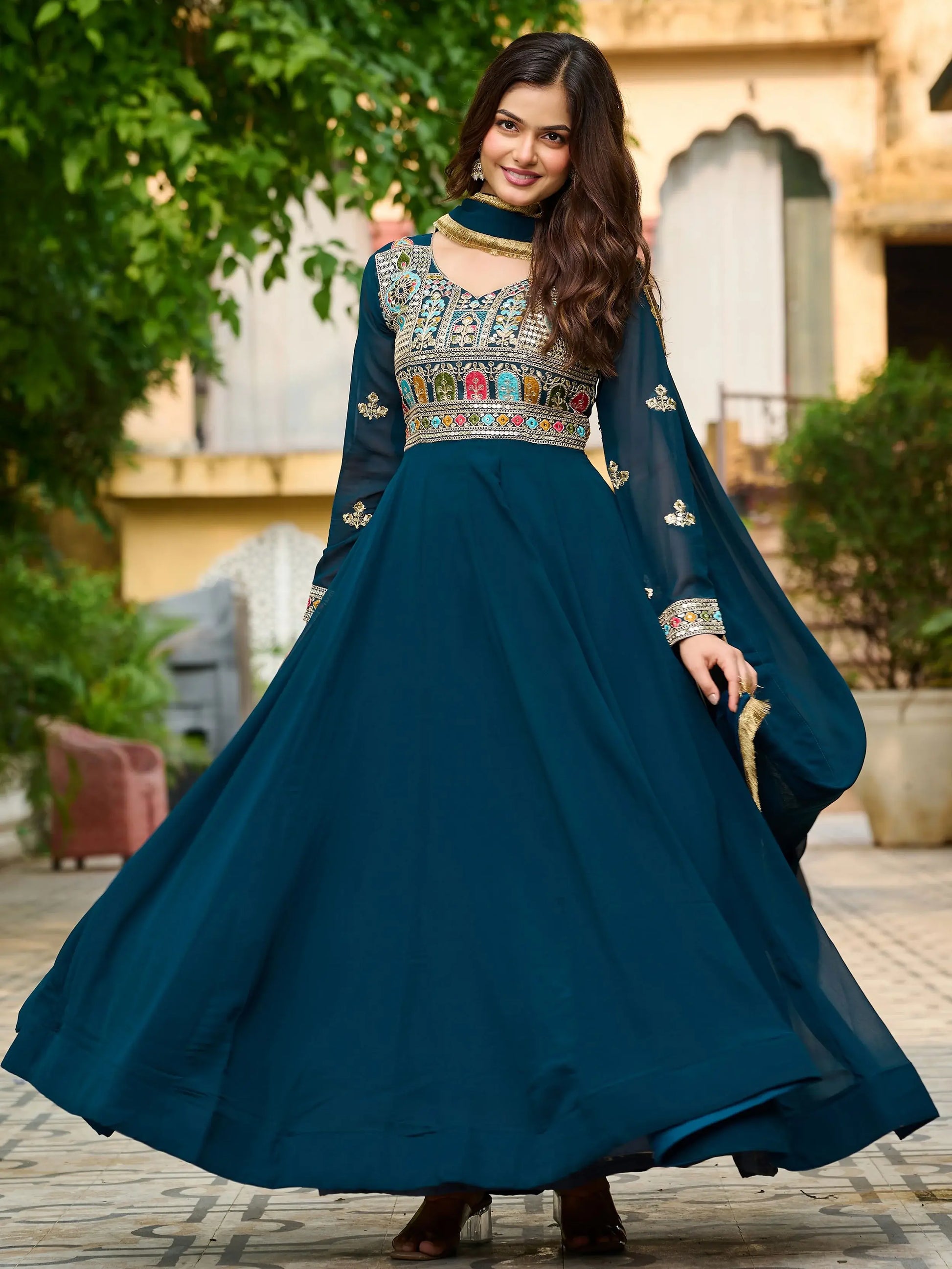 Charming Teal Blue Thread Embroidered Georgette Evening Wear Gown With Dupatta - Zeel Clothing