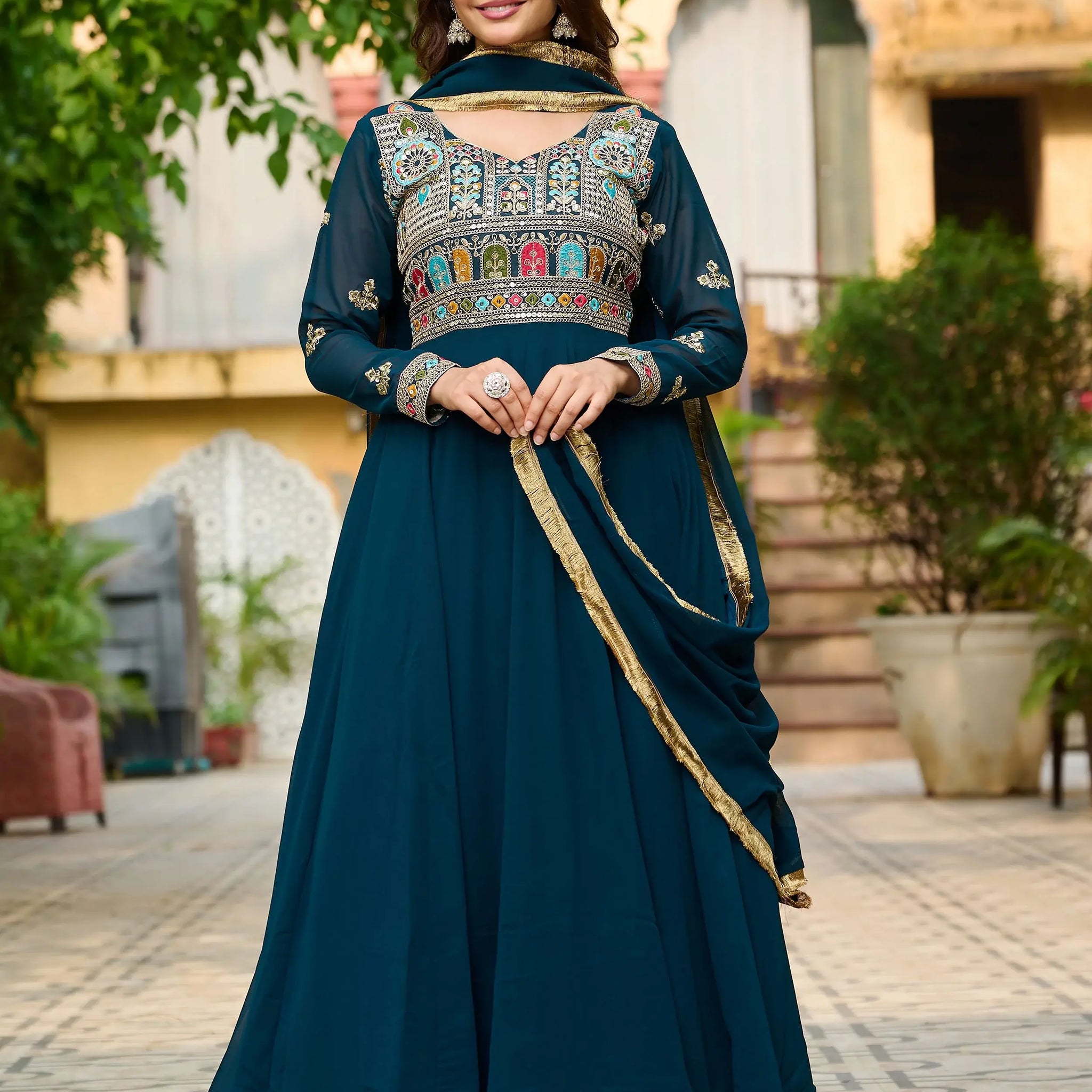 Charming Teal Blue Thread Embroidered Georgette Evening Wear Gown With Dupatta - Zeel Clothing