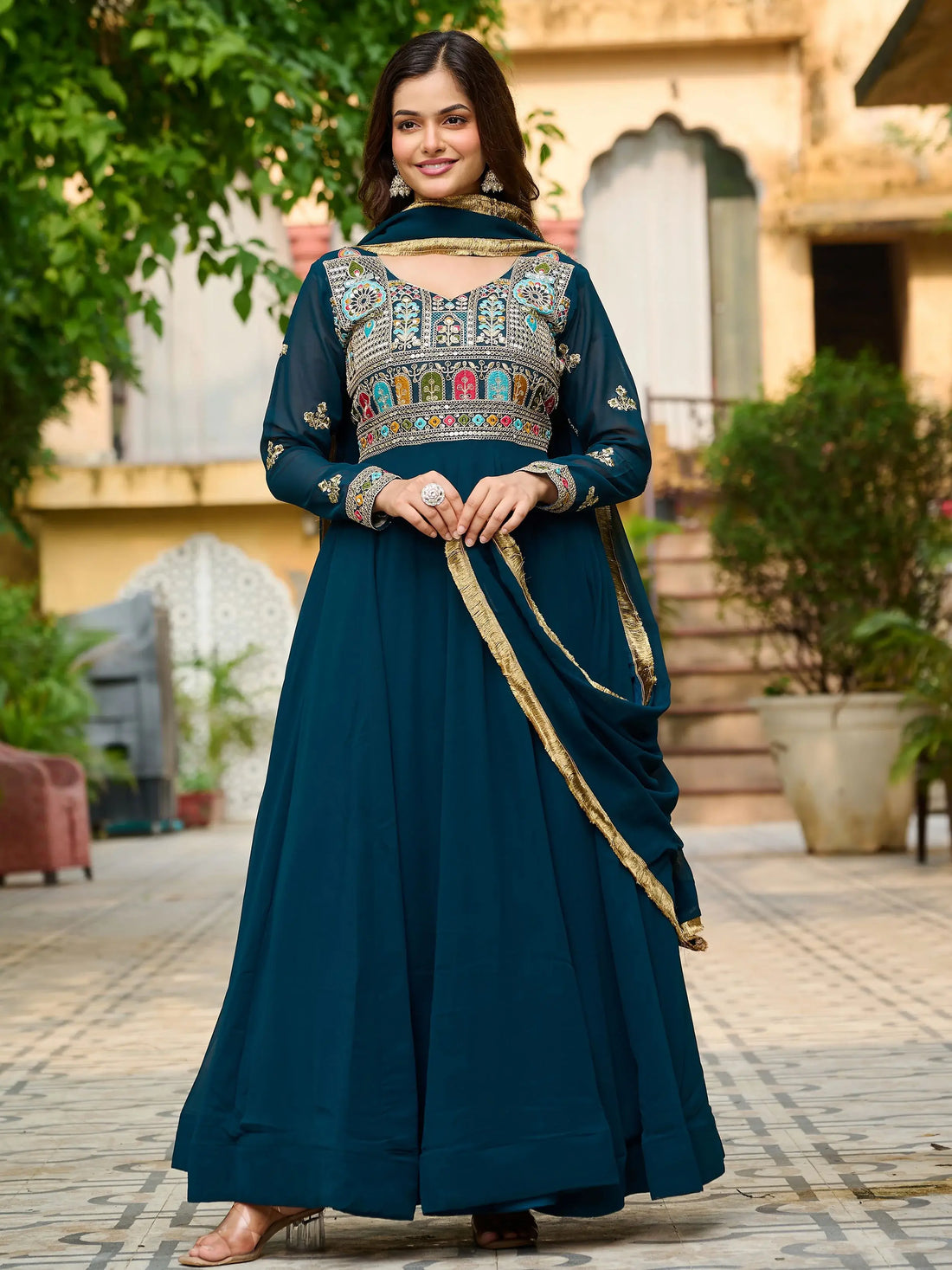 Charming Teal Blue Thread Embroidered Georgette Evening Wear Gown With Dupatta - Zeel Clothing