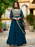 Charming Teal Blue Thread Embroidered Georgette Evening Wear Gown With Dupatta - Zeel Clothing