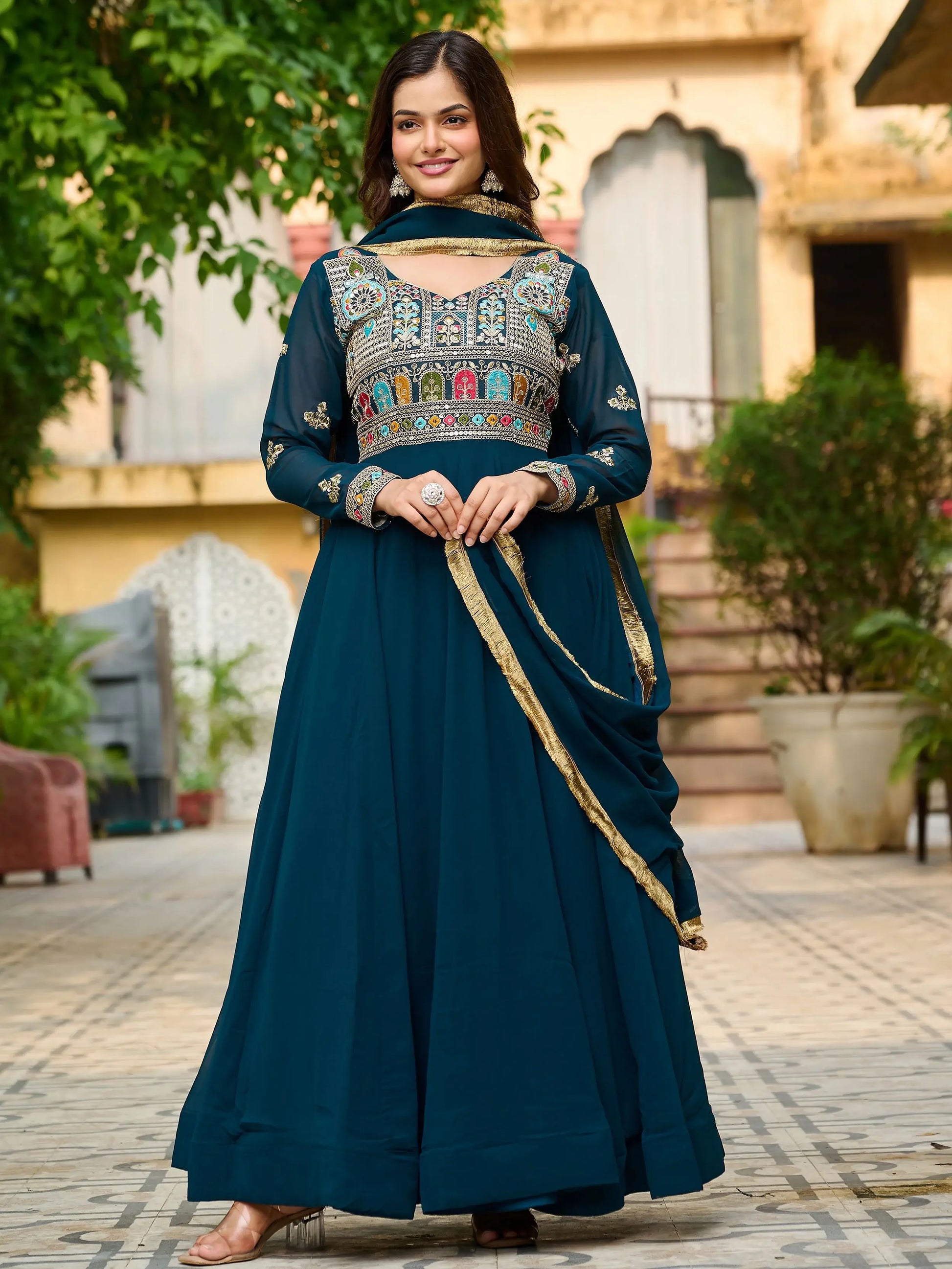 Charming Teal Blue Thread Embroidered Georgette Evening Wear Gown With Dupatta - Zeel Clothing