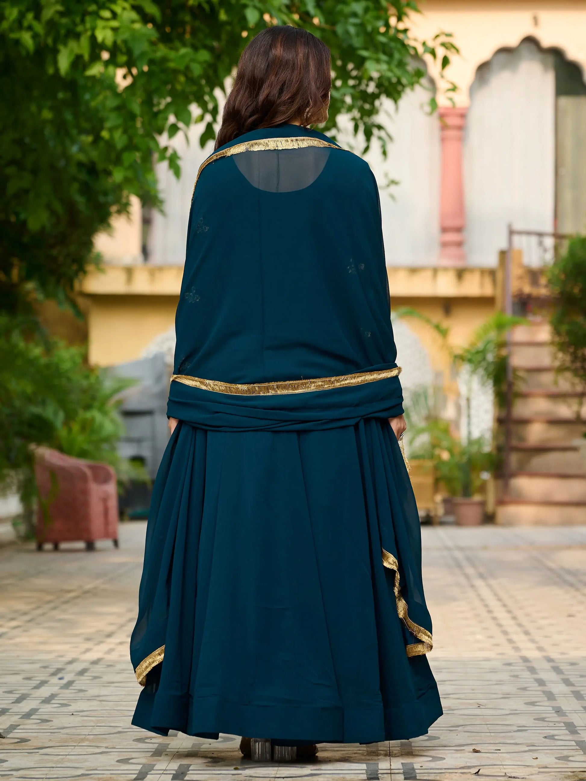 Charming Teal Blue Thread Embroidered Georgette Evening Wear Gown With Dupatta - Zeel Clothing