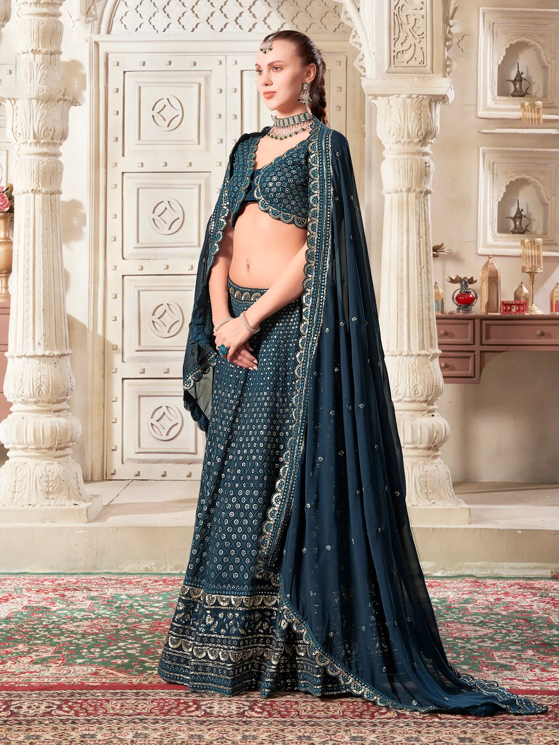 Charming Teal Blue Thread Work Georgette Wedding Lehenga Choli - Zeel Clothing