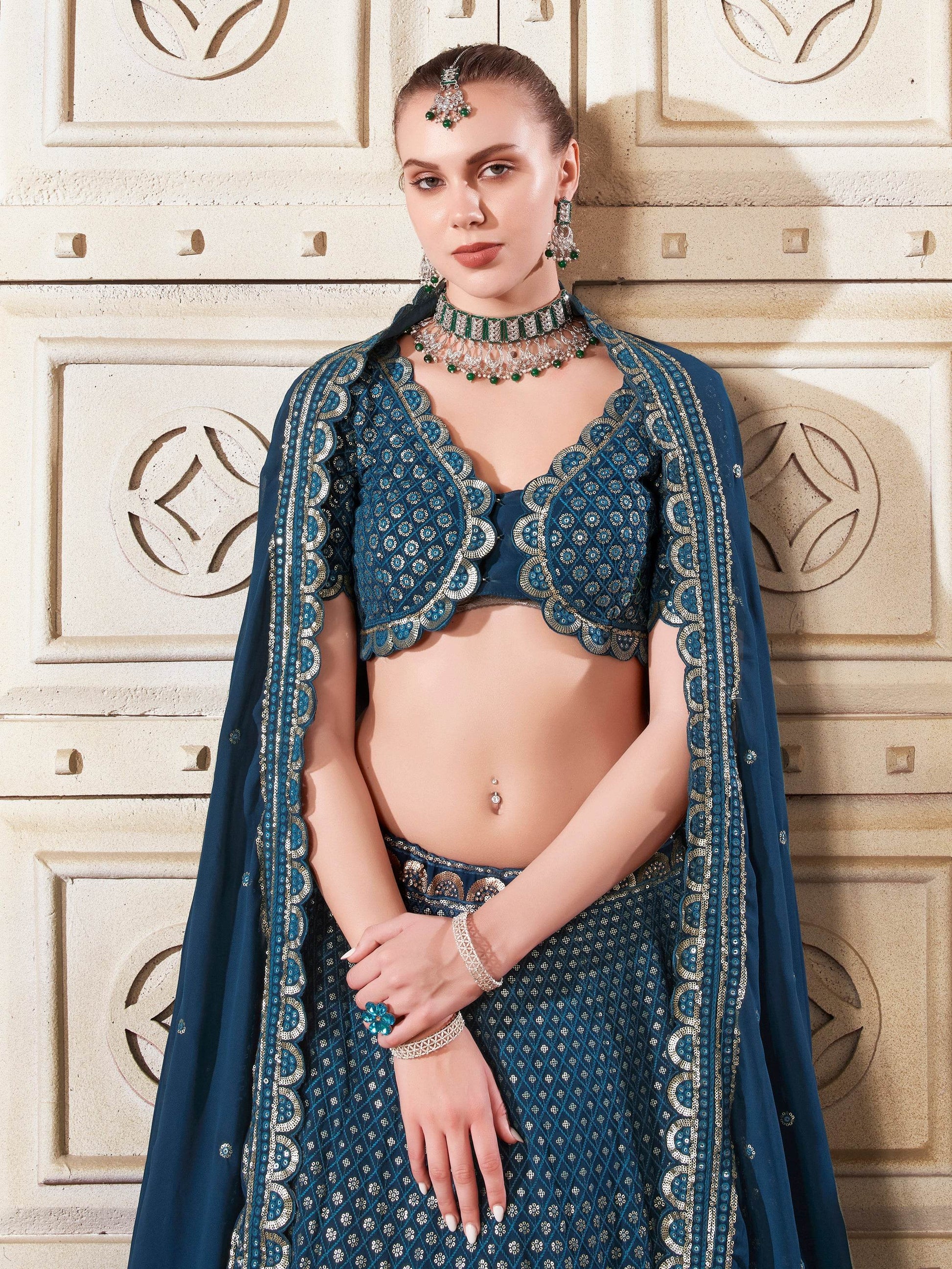 Charming Teal Blue Thread Work Georgette Wedding Lehenga Choli - Zeel Clothing