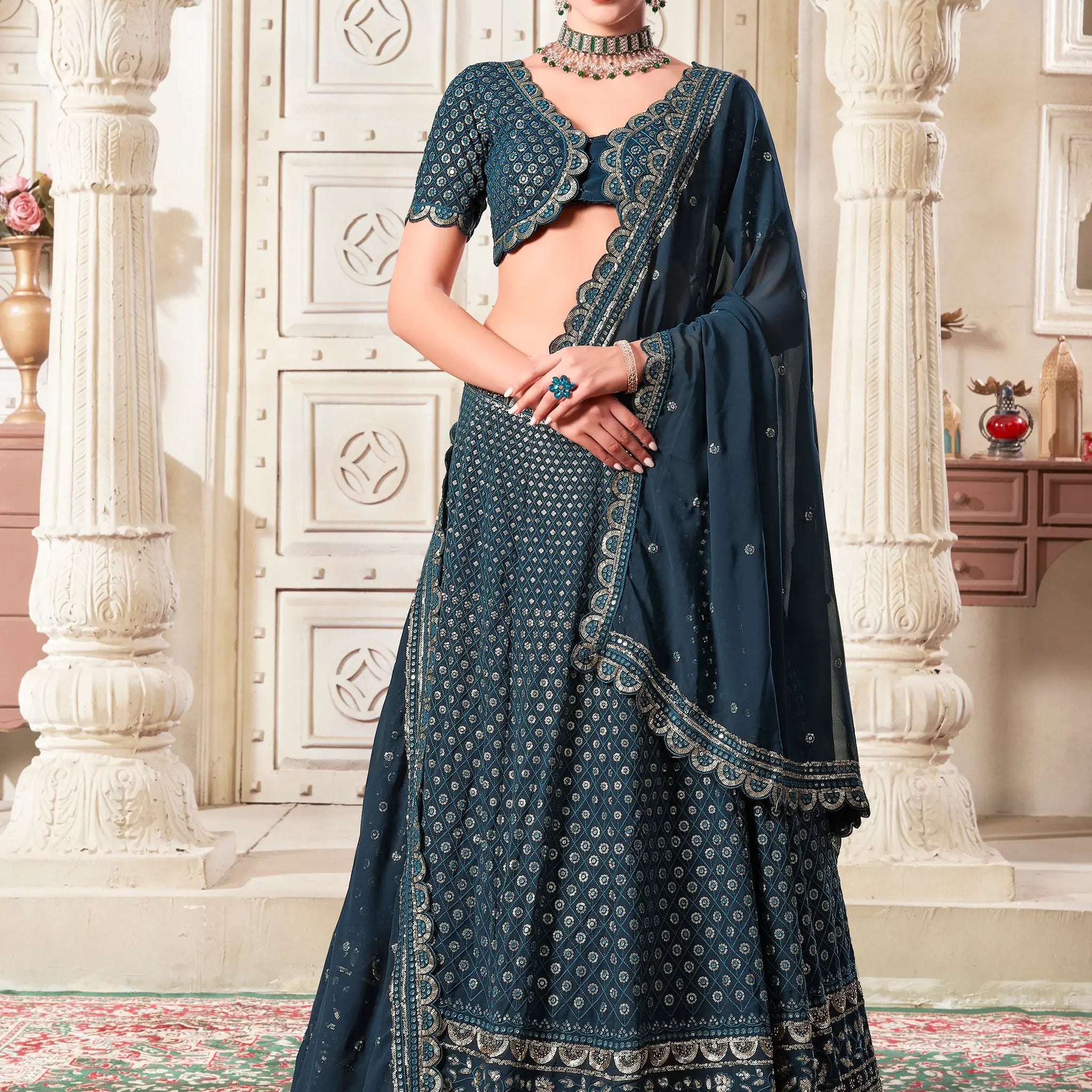 Charming Teal Blue Thread Work Georgette Wedding Lehenga Choli - Zeel Clothing