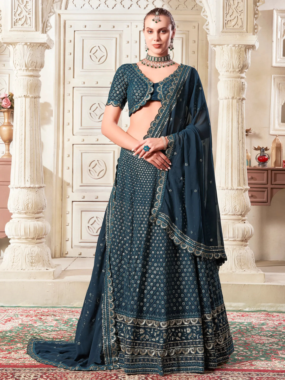 Charming Teal Blue Thread Work Georgette Wedding Lehenga Choli - Zeel Clothing