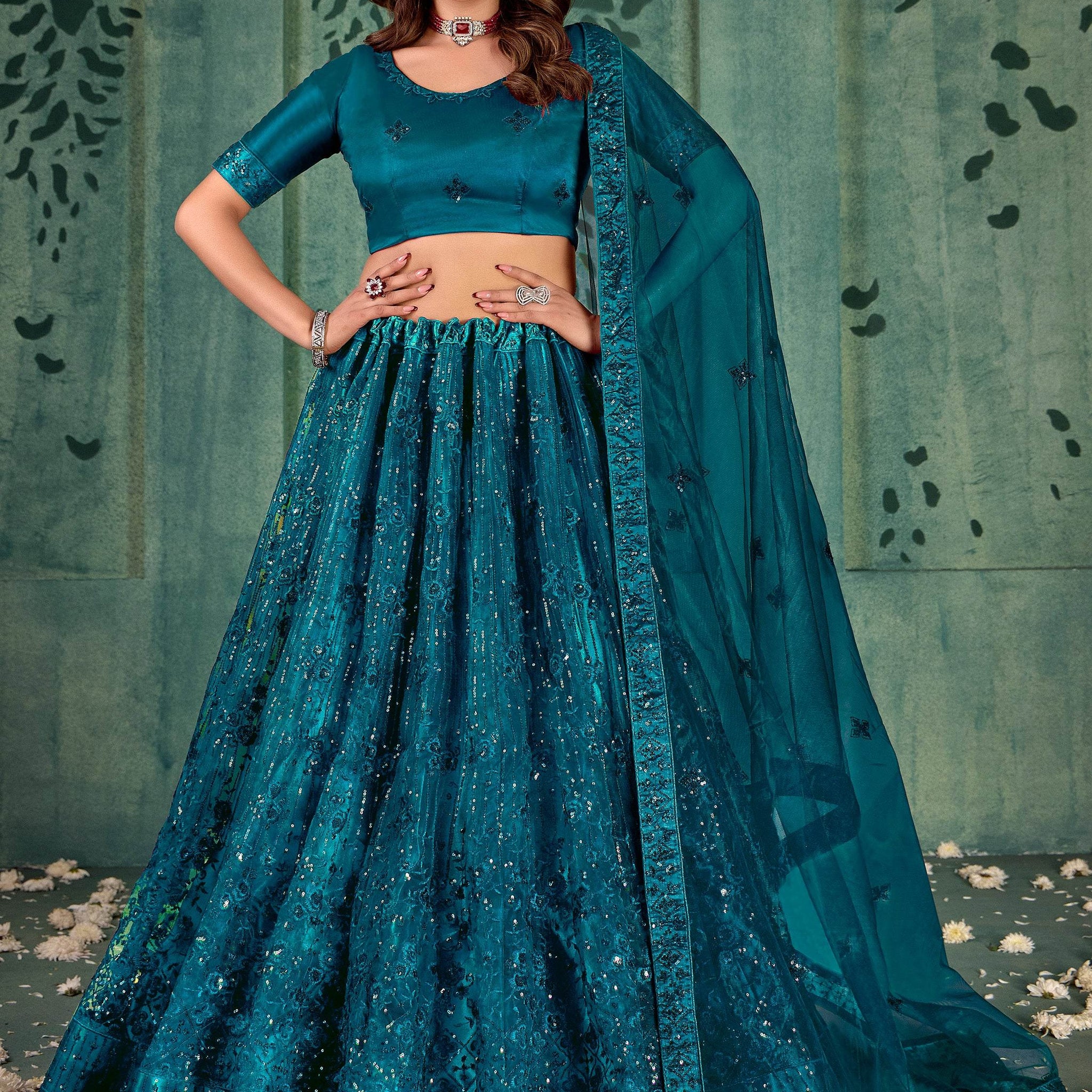 Charming Teal Blue Thread Work Net Wedding Wear Lehenga Choli With Dupatta - Zeel Clothing