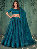 Charming Teal Blue Thread Work Net Wedding Wear Lehenga Choli With Dupatta - Zeel Clothing