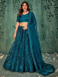 Charming Teal Blue Thread Work Net Wedding Wear Lehenga Choli With Dupatta - Zeel Clothing