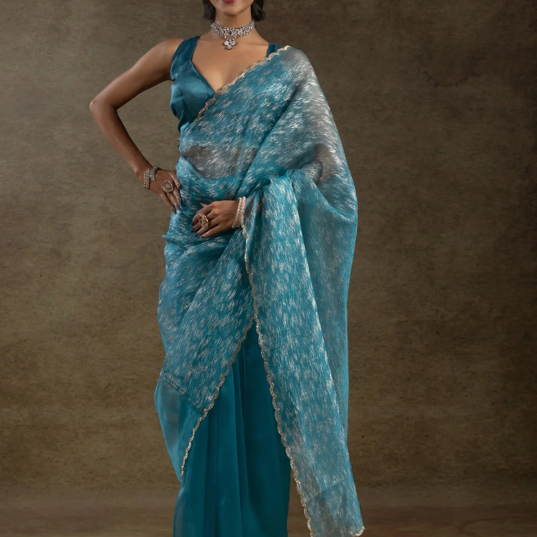 Charming Teal Blue Zari Weaving Organza Reception Wear Pre-Stitched Saree - Zeel Clothing