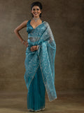 Charming Teal Blue Zari Weaving Organza Reception Wear Pre-Stitched Saree - Zeel Clothing