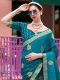 Charming Teal Blue Zari Weaving Satin Festival Wear Saree With Blouse - Zeel Clothing