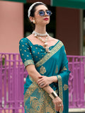 Charming Teal Blue Zari Weaving Satin Festival Wear Saree With Blouse - Zeel Clothing