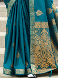 Charming Teal Blue Zari Weaving Satin Festival Wear Saree With Blouse - Zeel Clothing