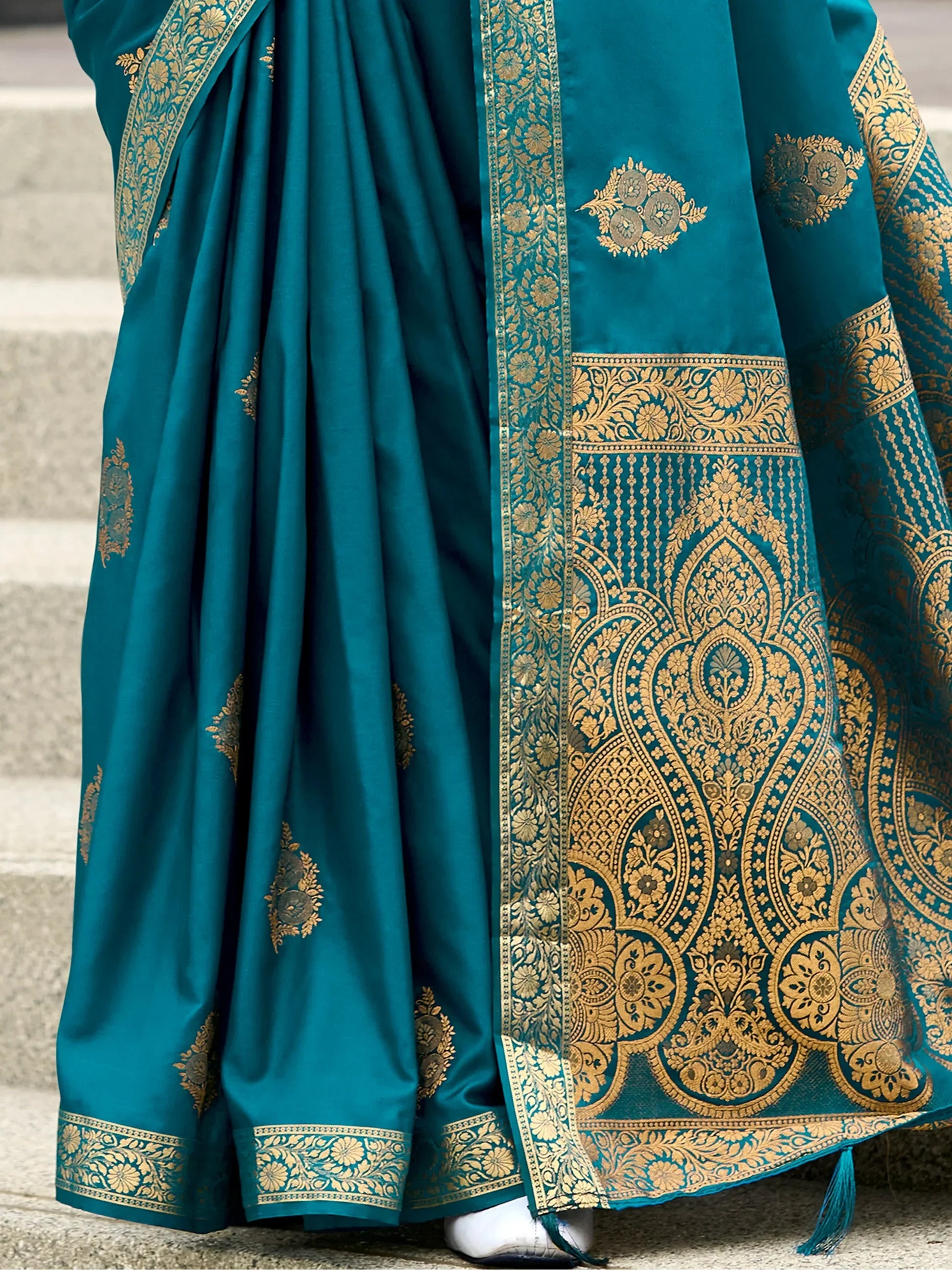 Charming Teal Blue Zari Weaving Satin Festival Wear Saree With Blouse - Zeel Clothing