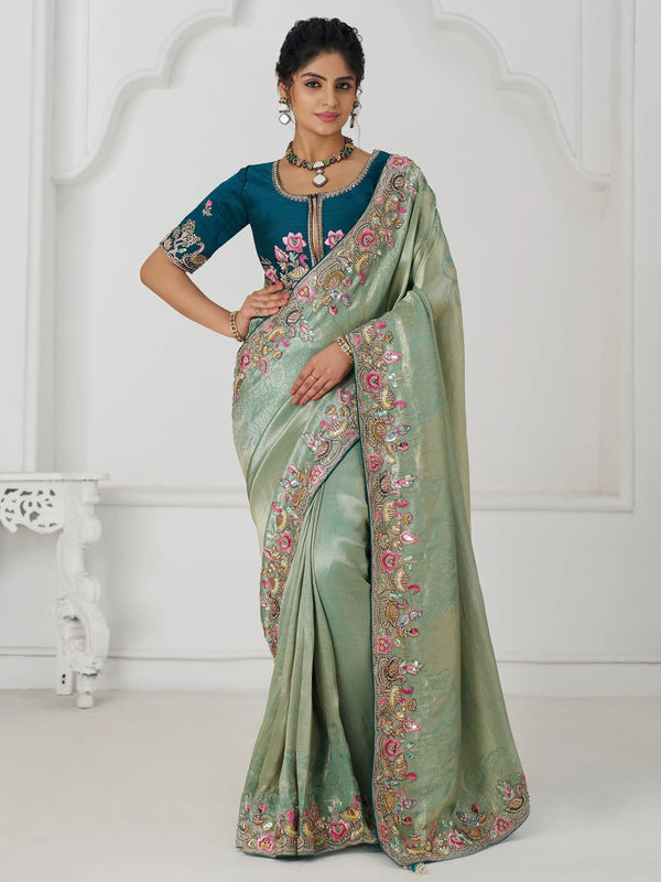 Charming Teal Green Border Work Dola Silk Engagement Wear Saree - Zeel Clothing