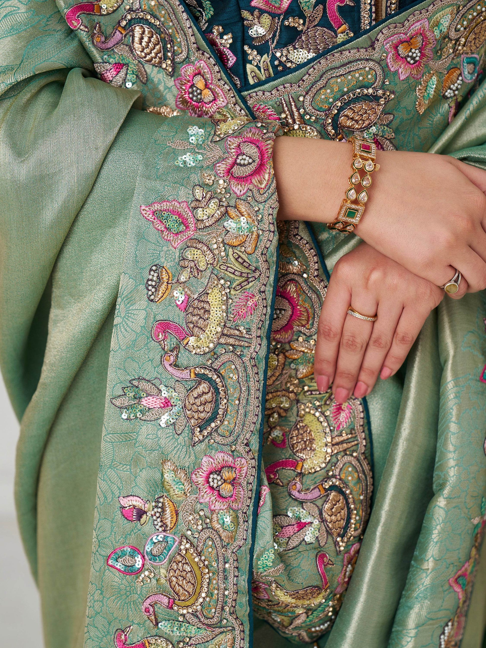 Charming Teal Green Border Work Dola Silk Engagement Wear Saree - Zeel Clothing