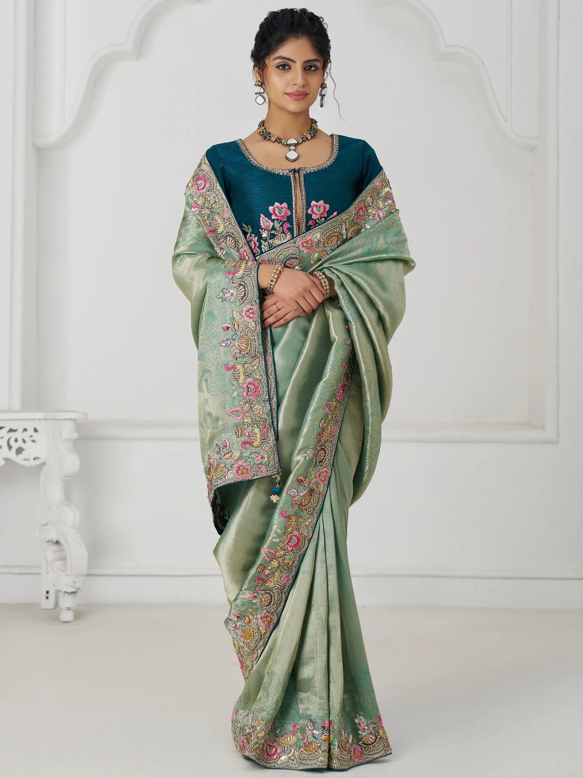 Charming Teal Green Border Work Dola Silk Engagement Wear Saree - Zeel Clothing