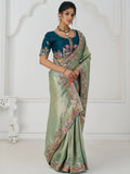 Charming Teal Green Border Work Dola Silk Engagement Wear Saree - Zeel Clothing