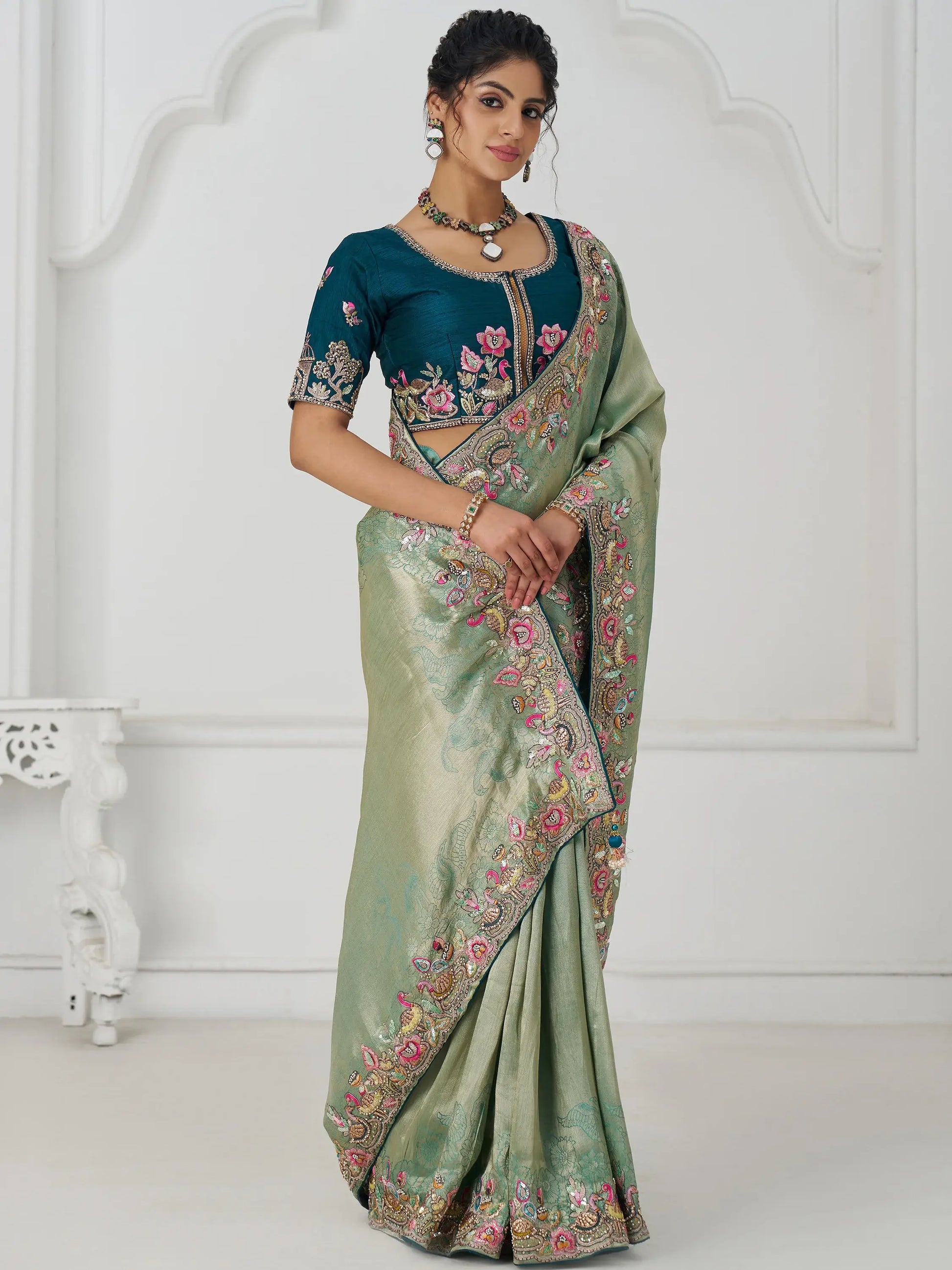 Charming Teal Green Border Work Dola Silk Engagement Wear Saree - Zeel Clothing