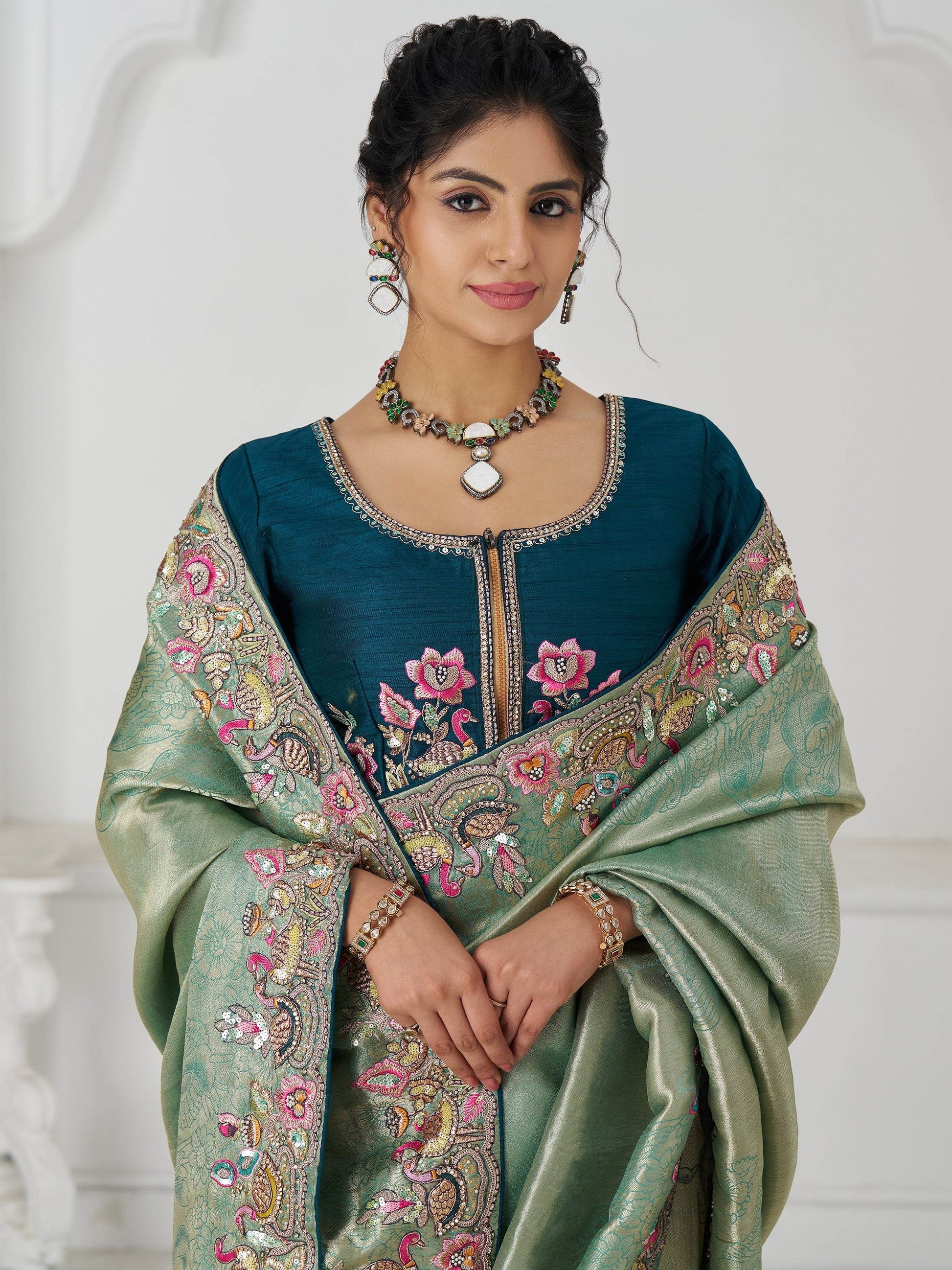 Charming Teal Green Border Work Dola Silk Engagement Wear Saree - Zeel Clothing