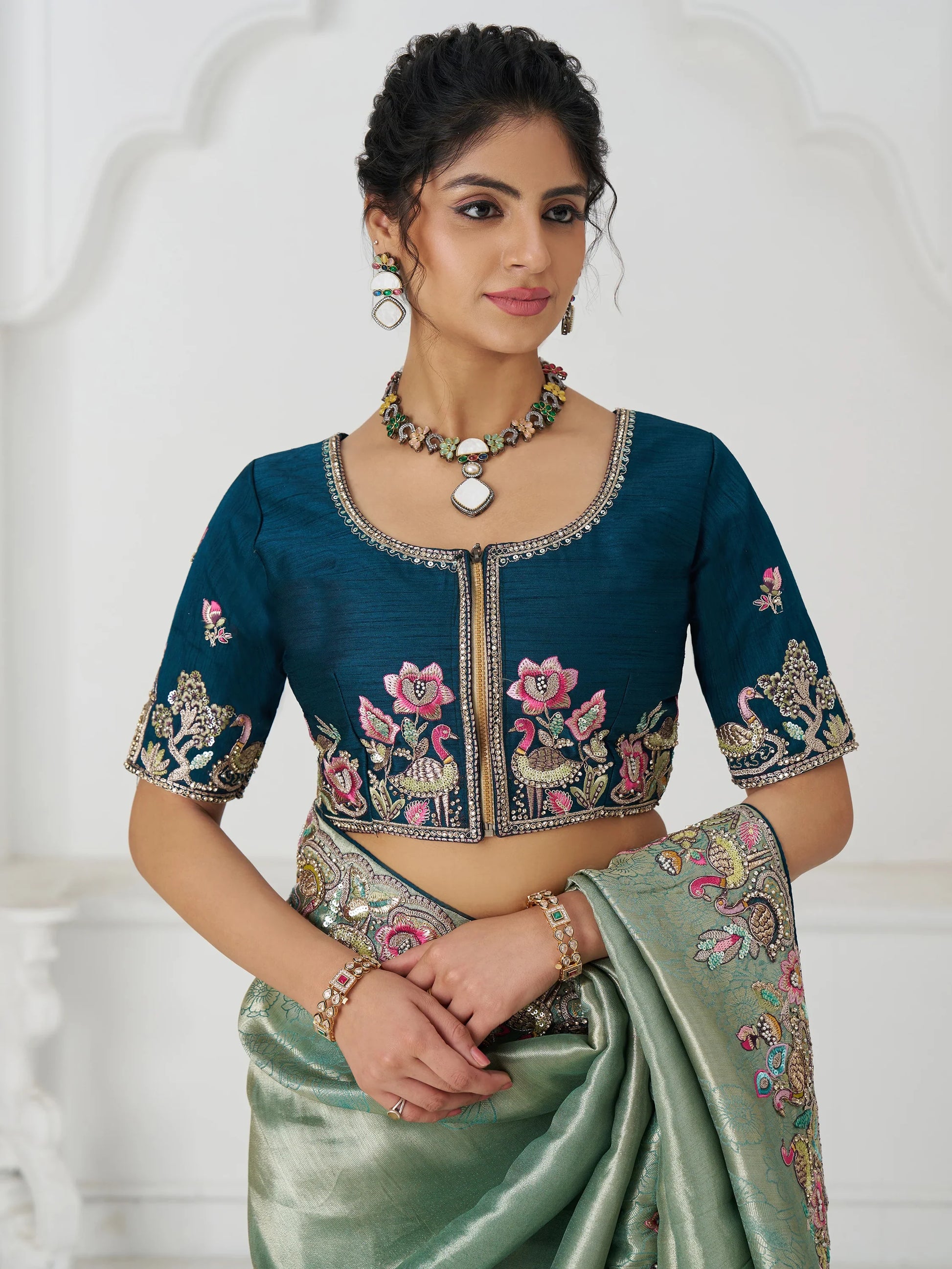 Charming Teal Green Border Work Dola Silk Engagement Wear Saree - Zeel Clothing