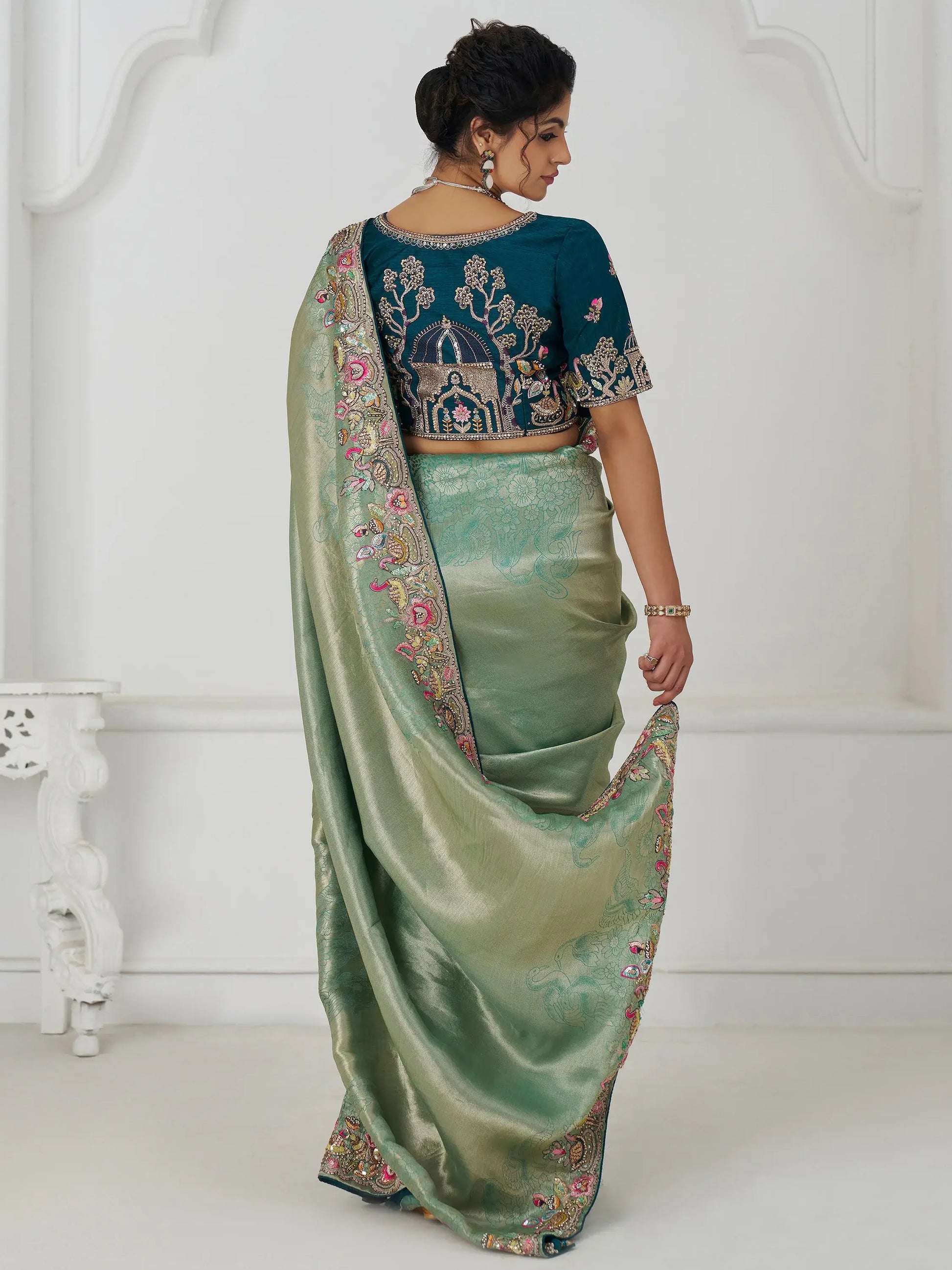 Charming Teal Green Border Work Dola Silk Engagement Wear Saree - Zeel Clothing