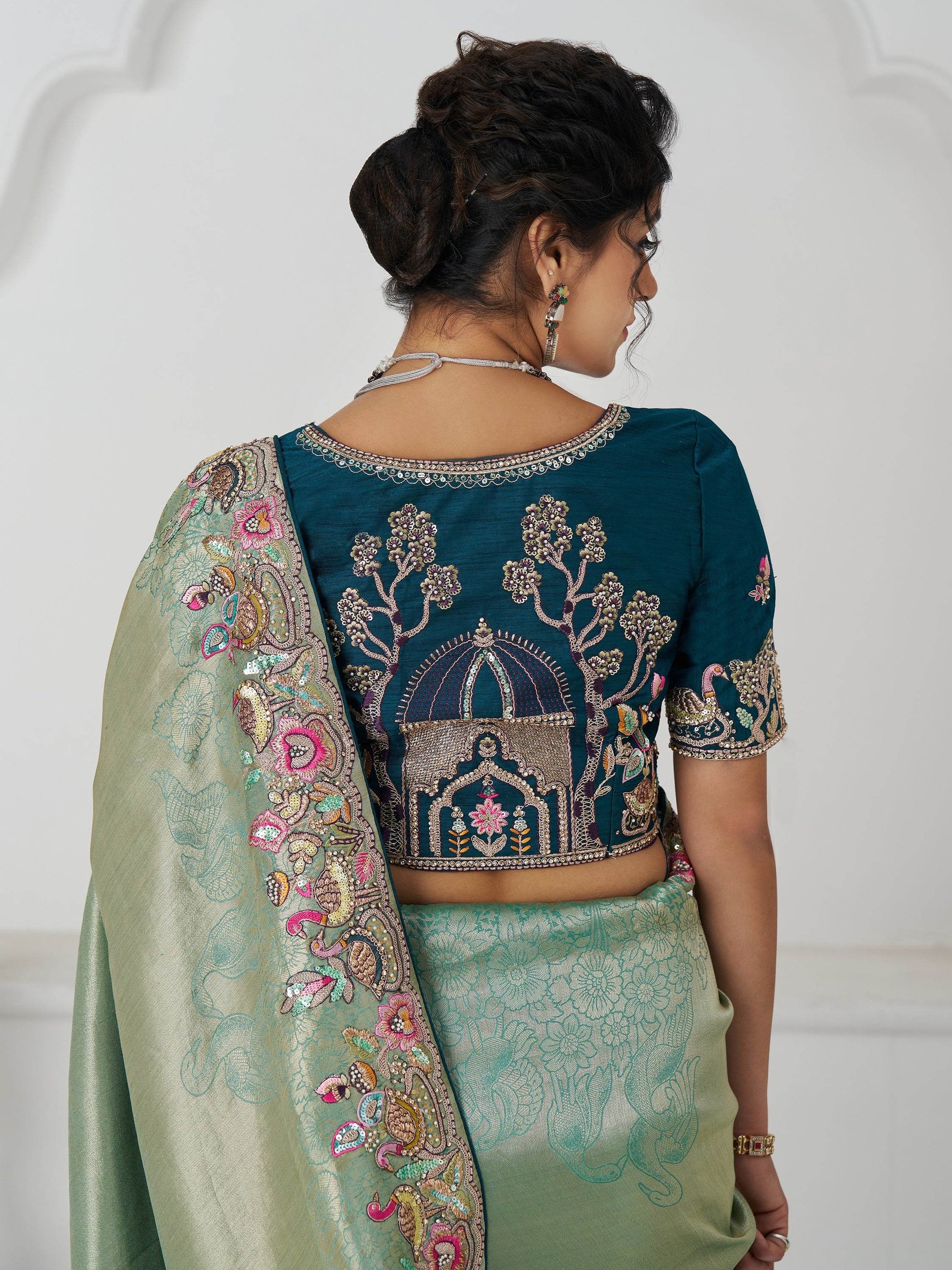 Charming Teal Green Border Work Dola Silk Engagement Wear Saree - Zeel Clothing